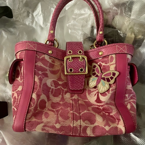 Coach Handbags - Coach Signature C Chenille Python Pink Butterfly Tote Bag Coach Purse Vintage